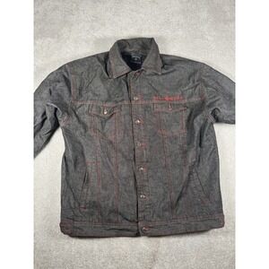 Rocawear Jean Jacket Men 2XL Black Denim Lined Red Stitch Hip Hop Streetwear Y2K
